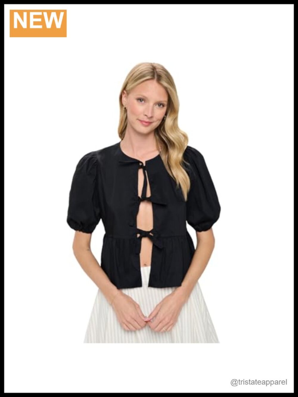 Women's Cotton Spandex Peplum Tie Front Blouse Short Sleeve Puff Sleeve